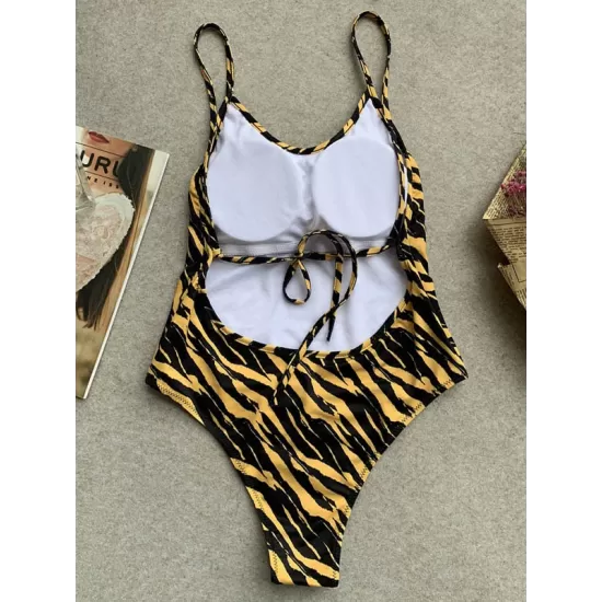 Spaghetti-Neck Tiger Print Backless Sey Slim One-Piece Swimwear Spaghetti-Neck Tiger Print Backless Sey Slim One-Piece Swimwear