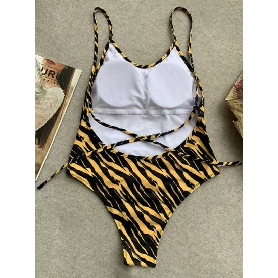 Spaghetti-Neck Tiger Print Backless Sey Slim One-Piece Swimwear Spaghetti-Neck Tiger Print Backless Sey Slim One-Piece Swimwear