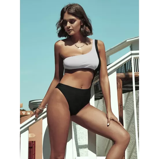 One-Shoulder Color-Block Belly-Hollow Fashion One-Piece Swimwear One-Shoulder Color-Block Belly-Hollow Fashion One-Piece Swimwear