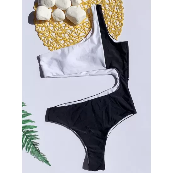 One-Shoulder Color-Block Belly-Hollow Fashion One-Piece Swimwear One-Shoulder Color-Block Belly-Hollow Fashion One-Piece Swimwear