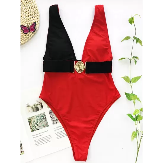 Deep V-Neck Color-Block Metal Button Sexy Slim One-Piece Swimwear Deep V-Neck Color-Block Metal Button Sexy Slim One-Piece Swimwear