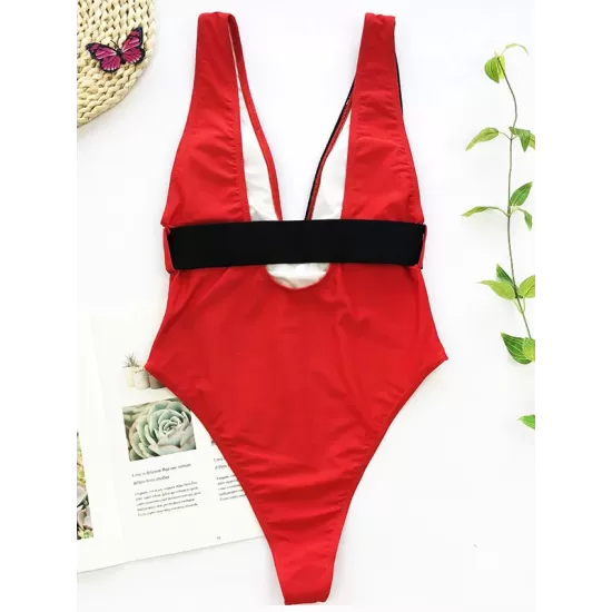 Deep V-Neck Color-Block Metal Button Sexy Slim One-Piece Swimwear Deep V-Neck Color-Block Metal Button Sexy Slim One-Piece Swimwear