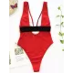 Deep V-Neck Color-Block Metal Button Sexy Slim One-Piece Swimwear Deep V-Neck Color-Block Metal Button Sexy Slim One-Piece Swimwear