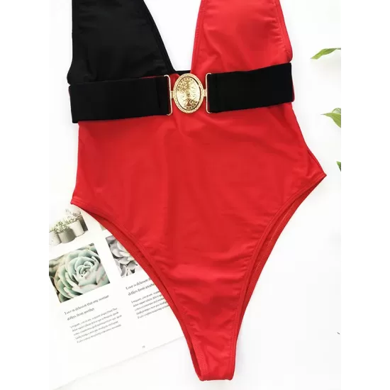 Deep V-Neck Color-Block Metal Button Sexy Slim One-Piece Swimwear Deep V-Neck Color-Block Metal Button Sexy Slim One-Piece Swimwear