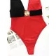 Deep V-Neck Color-Block Metal Button Sexy Slim One-Piece Swimwear Deep V-Neck Color-Block Metal Button Sexy Slim One-Piece Swimwear