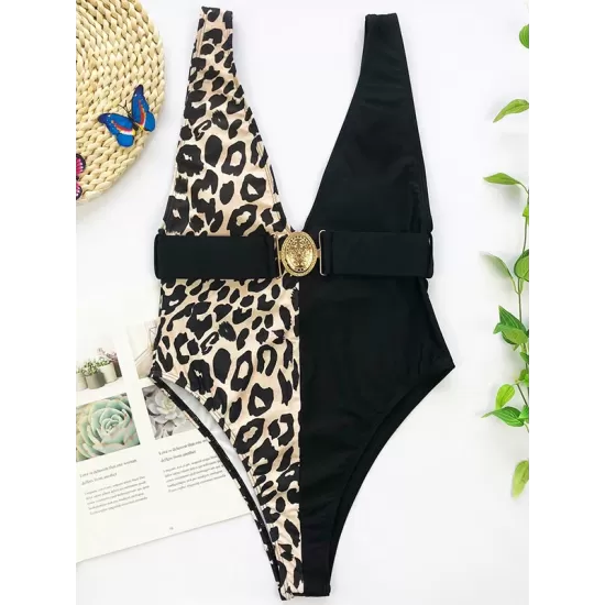 Deep V-Neck Color-Block Metal Button Sexy Slim One-Piece Swimwear Deep V-Neck Color-Block Metal Button Sexy Slim One-Piece Swimwear
