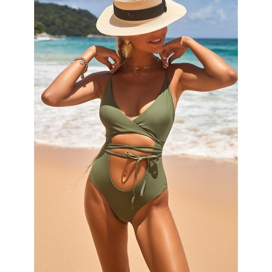 Solid Color Hollow Bandage One-Piece Swimwear Solid Color Hollow Bandage One-Piece Swimwear