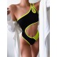 One-Shoulder Hollow Contrast Color One-Piece Swimwear One-Shoulder Hollow Contrast Color One-Piece Swimwear