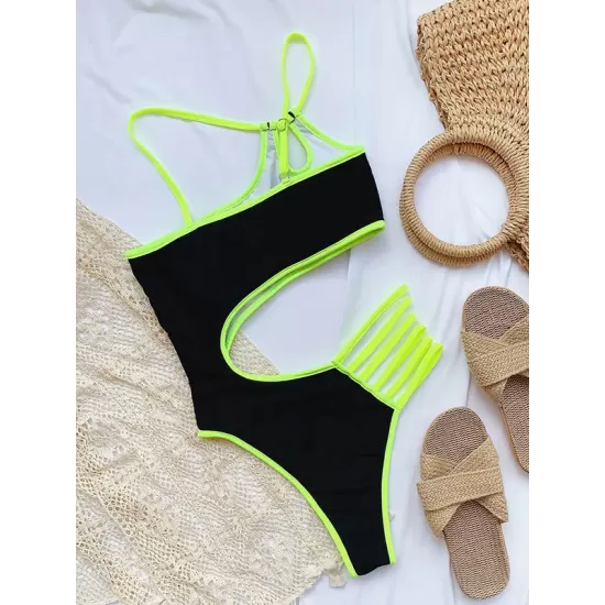 One-Shoulder Hollow Contrast Color One-Piece Swimwear One-Shoulder Hollow Contrast Color One-Piece Swimwear
