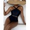 Solid Color See-Through Backless One-Piece Swimwear
