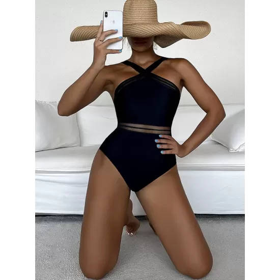 Solid Color See-Through Backless One-Piece Swimwear Solid Color See-Through Backless One-Piece Swimwear