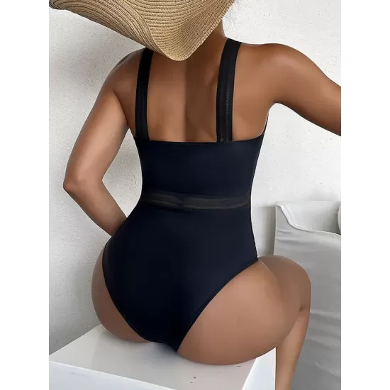 Solid Color See-Through Backless One-Piece Swimwear Solid Color See-Through Backless One-Piece Swimwear