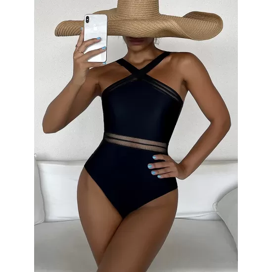 Solid Color See-Through Backless One-Piece Swimwear Solid Color See-Through Backless One-Piece Swimwear