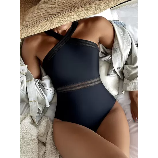 Solid Color See-Through Backless One-Piece Swimwear Solid Color See-Through Backless One-Piece Swimwear