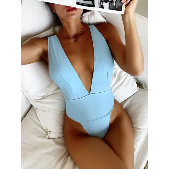 Solid Backless Plunging One-Piece Swimsuit Solid Backless Plunging One-Piece Swimsuit