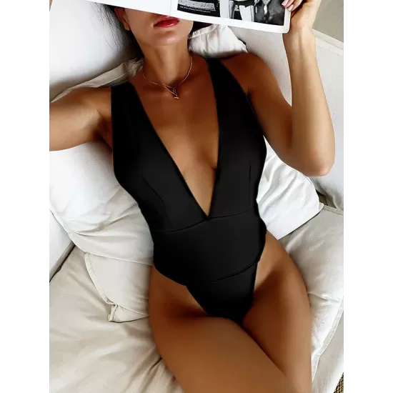 Solid Backless Plunging One-Piece Swimsuit Solid Backless Plunging One-Piece Swimsuit