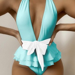 Plunging Contrast Color Bandage Falbala One-Piece Swimwear