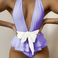 Plunging Contrast Color Bandage Falbala One-Piece Swimwear