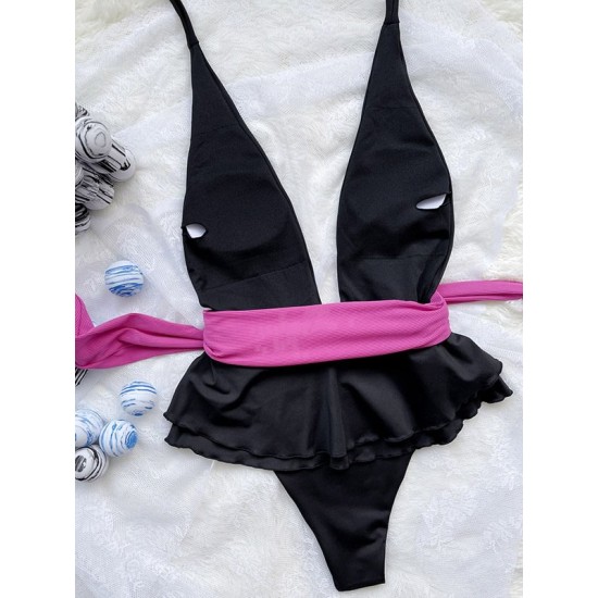 Plunging Contrast Color Bandage Falbala One-Piece Swimwear Plunging Contrast Color Bandage Falbala One-Piece Swimwear