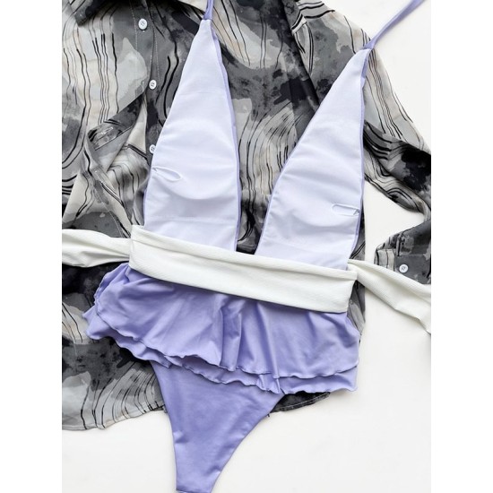 Plunging Contrast Color Bandage Falbala One-Piece Swimwear Plunging Contrast Color Bandage Falbala One-Piece Swimwear