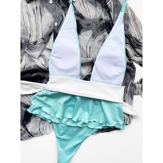 Plunging Contrast Color Bandage Falbala One-Piece Swimwear Plunging Contrast Color Bandage Falbala One-Piece Swimwear