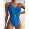 Solid Color Belt Decor Backless One Piece Swimsuit