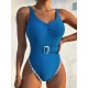 Solid Color Belt Decor Backless One Piece Swimsuit Solid Color Belt Decor Backless One Piece Swimsuit