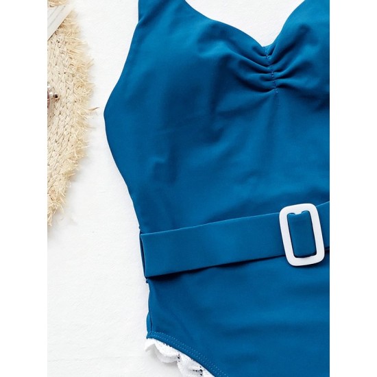 Solid Color Belt Decor Backless One Piece Swimsuit Solid Color Belt Decor Backless One Piece Swimsuit