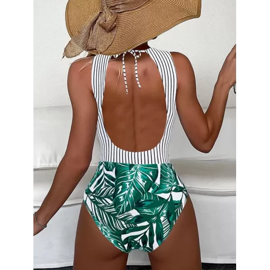Striped+Floral Printed Split-Joint One-Piece Swimwear Striped+Floral Printed Split-Joint One-Piece Swimwear