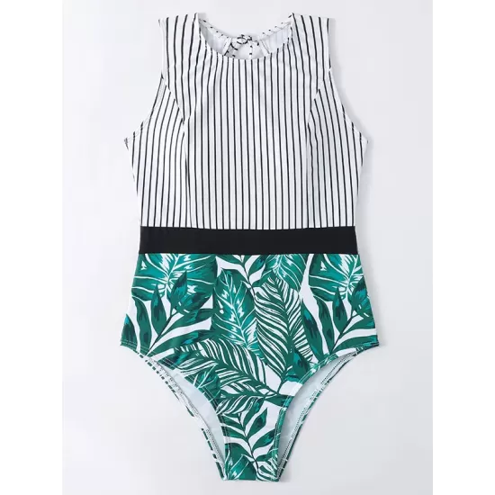 Striped+Floral Printed Split-Joint One-Piece Swimwear Striped+Floral Printed Split-Joint One-Piece Swimwear