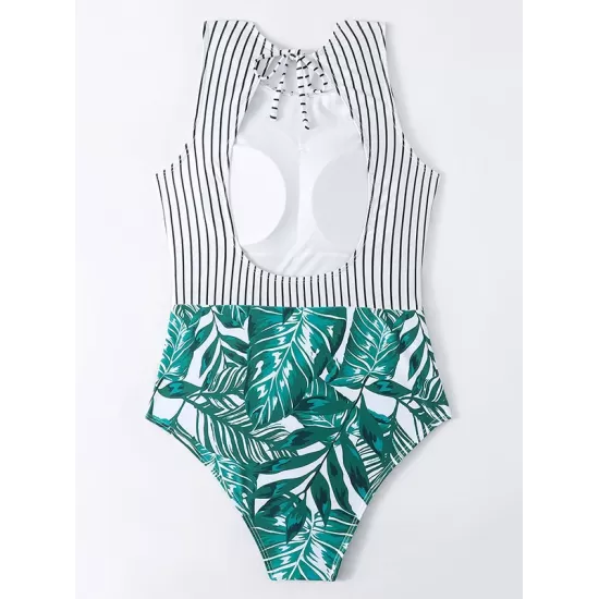 Striped+Floral Printed Split-Joint One-Piece Swimwear Striped+Floral Printed Split-Joint One-Piece Swimwear