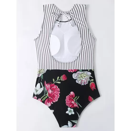Striped+Floral Printed Split-Joint One-Piece Swimwear Striped+Floral Printed Split-Joint One-Piece Swimwear