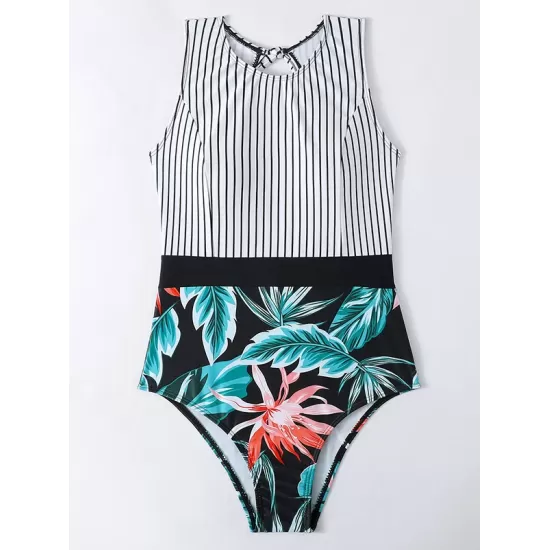 Striped+Floral Printed Split-Joint One-Piece Swimwear Striped+Floral Printed Split-Joint One-Piece Swimwear