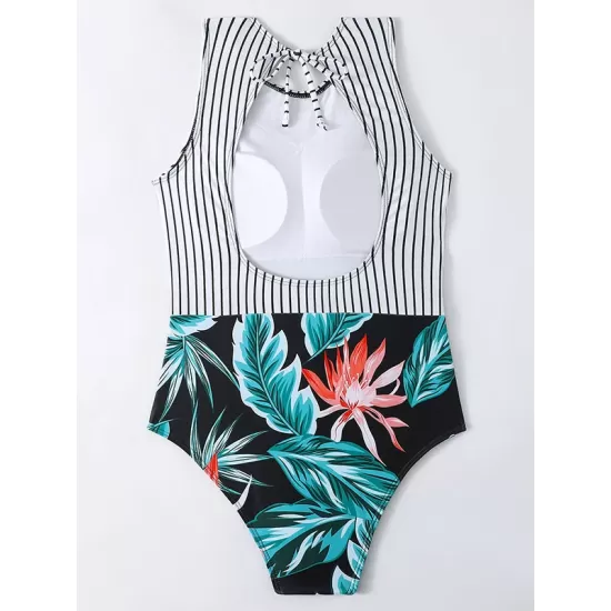 Striped+Floral Printed Split-Joint One-Piece Swimwear Striped+Floral Printed Split-Joint One-Piece Swimwear