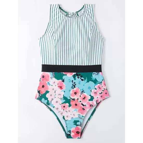 Striped+Floral Printed Split-Joint One-Piece Swimwear Striped+Floral Printed Split-Joint One-Piece Swimwear
