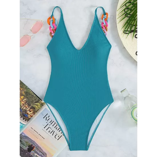 Solid Color V-Neck Decoration One-Piece Swimwear Solid Color V-Neck Decoration One-Piece Swimwear