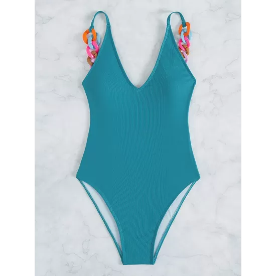Solid Color V-Neck Decoration One-Piece Swimwear Solid Color V-Neck Decoration One-Piece Swimwear