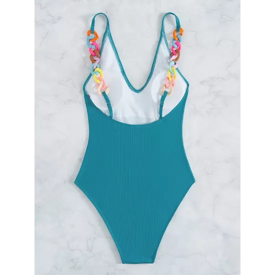 Solid Color V-Neck Decoration One-Piece Swimwear Solid Color V-Neck Decoration One-Piece Swimwear