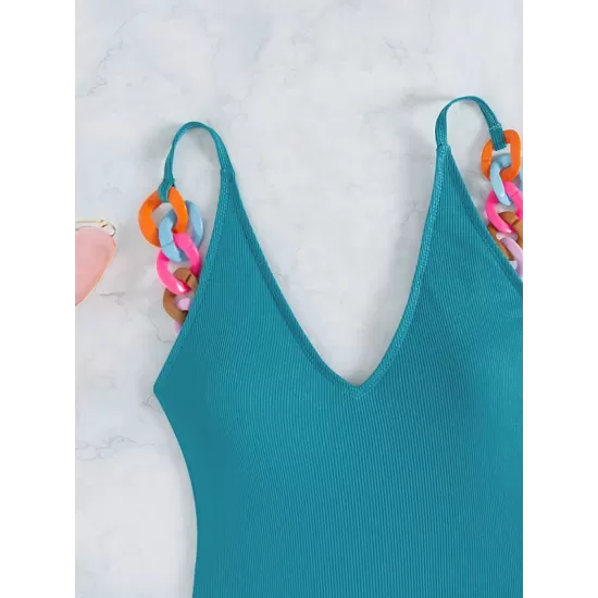 Solid Color V-Neck Decoration One-Piece Swimwear Solid Color V-Neck Decoration One-Piece Swimwear
