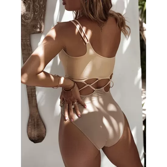 Beige One-Shoulder Drawstring Hollow One-Piece Swimsuit Beige One-Shoulder Drawstring Hollow One-Piece Swimsuit