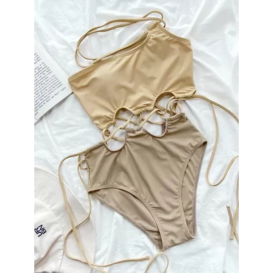 Beige One-Shoulder Drawstring Hollow One-Piece Swimsuit Beige One-Shoulder Drawstring Hollow One-Piece Swimsuit