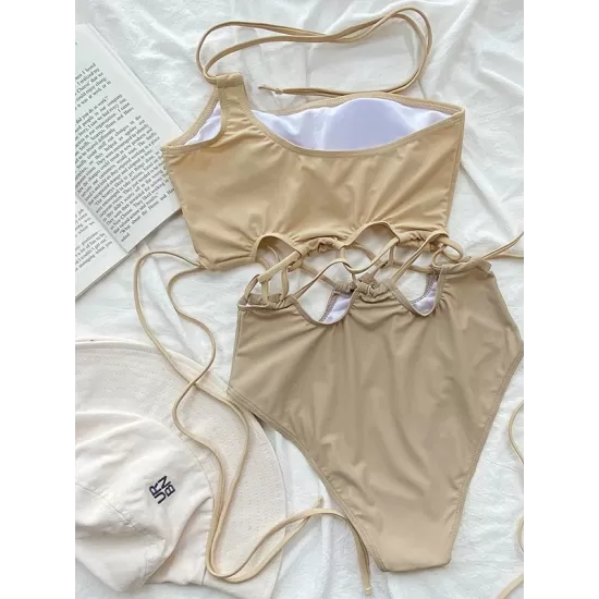 Beige One-Shoulder Drawstring Hollow One-Piece Swimsuit Beige One-Shoulder Drawstring Hollow One-Piece Swimsuit