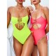 Fluorescent Color Spaghetti-Neck Hollow Bandage One-Piece Swimwear Fluorescent Color Spaghetti-Neck Hollow Bandage One-Piece Swimwear