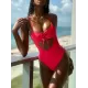 Fluorescent Color Spaghetti-Neck Hollow Bandage One-Piece Swimwear Fluorescent Color Spaghetti-Neck Hollow Bandage One-Piece Swimwear