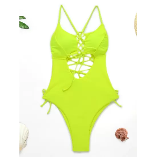 Fluorescent Color Spaghetti-Neck Hollow Bandage One-Piece Swimwear Fluorescent Color Spaghetti-Neck Hollow Bandage One-Piece Swimwear
