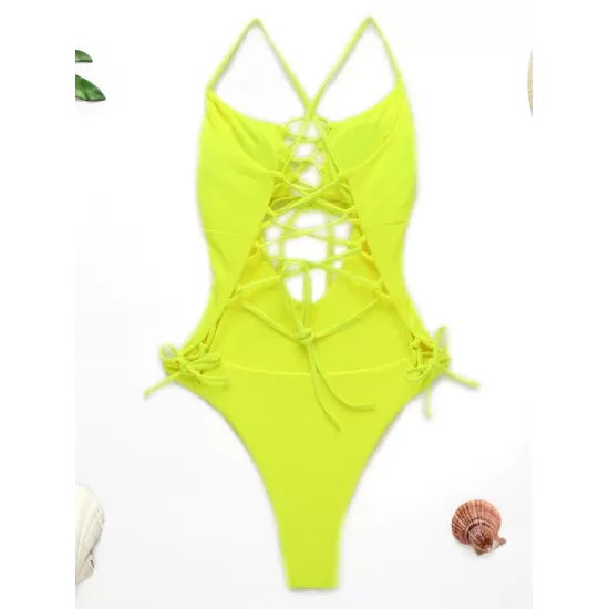 Fluorescent Color Spaghetti-Neck Hollow Bandage One-Piece Swimwear Fluorescent Color Spaghetti-Neck Hollow Bandage One-Piece Swimwear