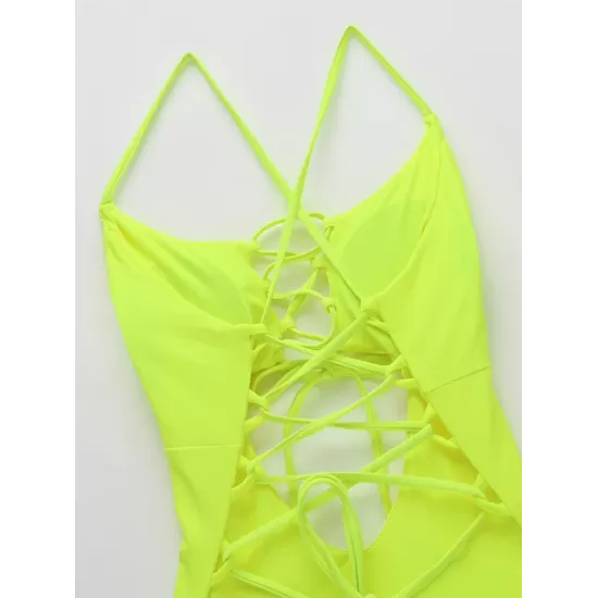 Fluorescent Color Spaghetti-Neck Hollow Bandage One-Piece Swimwear Fluorescent Color Spaghetti-Neck Hollow Bandage One-Piece Swimwear