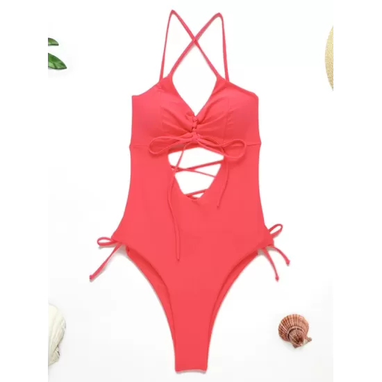 Fluorescent Color Spaghetti-Neck Hollow Bandage One-Piece Swimwear Fluorescent Color Spaghetti-Neck Hollow Bandage One-Piece Swimwear