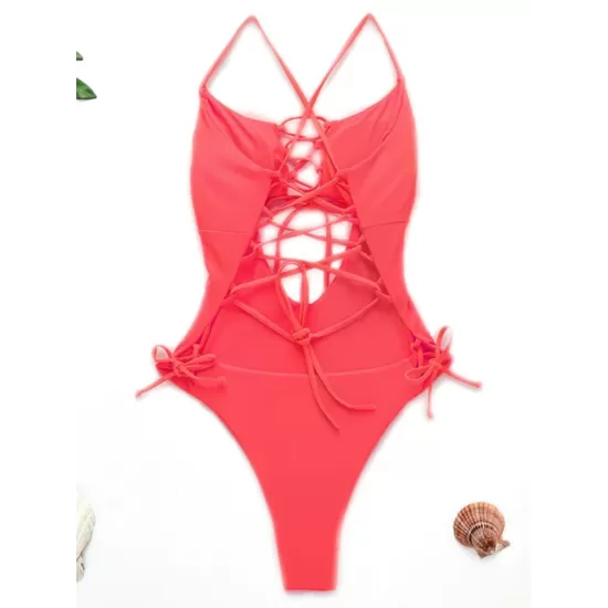Fluorescent Color Spaghetti-Neck Hollow Bandage One-Piece Swimwear Fluorescent Color Spaghetti-Neck Hollow Bandage One-Piece Swimwear