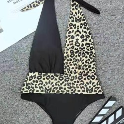 Leopard Print Split-Joint Asymmetric High-Neck One-Piece Swimwear